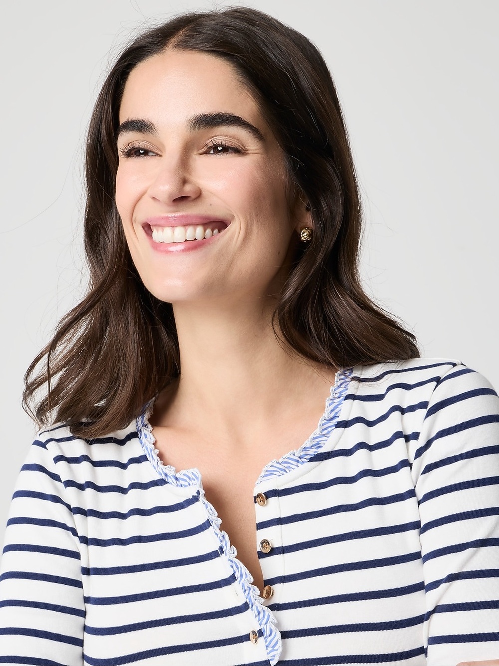J. Crew Navy & White Striped Long-Sleeve Henley Top Blue Gingham Hem Size M - Picture 2 of 12